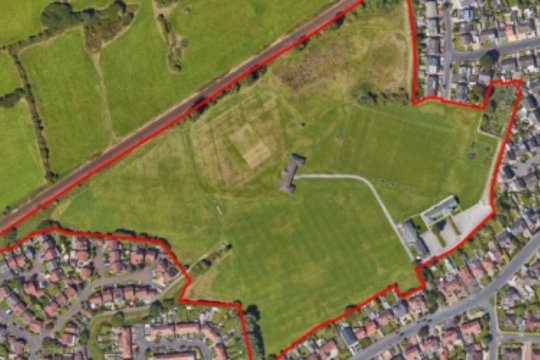 Birds eye view of Poulton, Cottam Hall fields is outlined with a red line