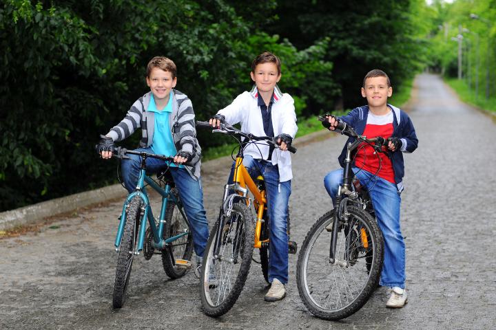 Three children in a park posing with their bicycles.