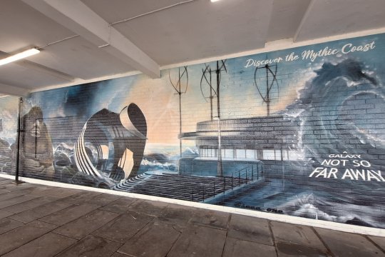 Mural at Cleveleys bus stop of the Wyre coast heritage trail showing The Ogre, Mary&#039;s Shell, the Seagulls, Waves, and the filming location of Star Wars Andor