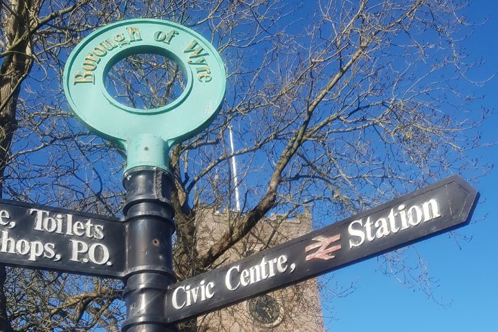 Close up sign of the Wyre borough sign in Poulton -le-Fylde.